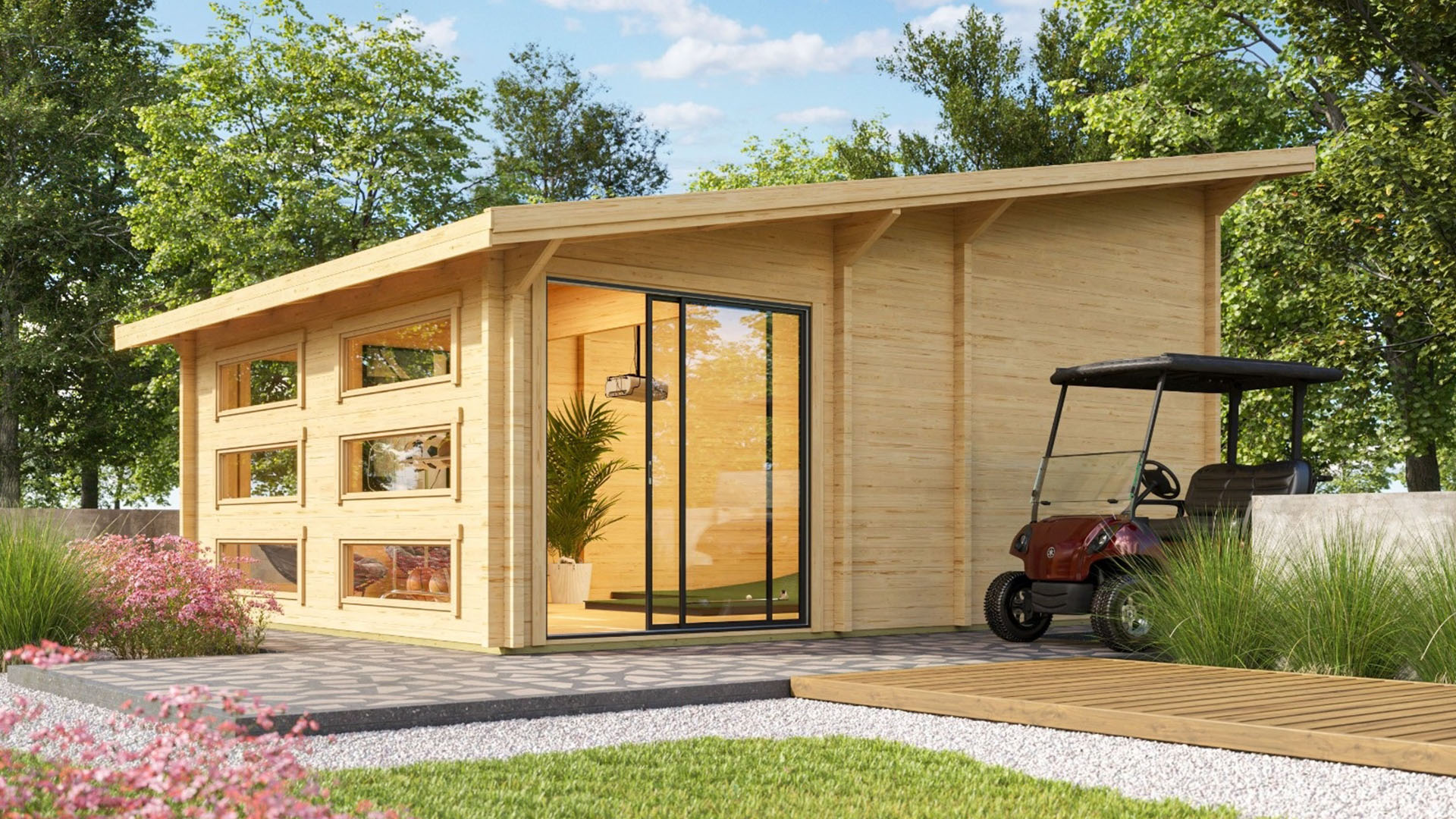 Wooden cabin with a golf cart parked outside, surrounded by trees and flowers.