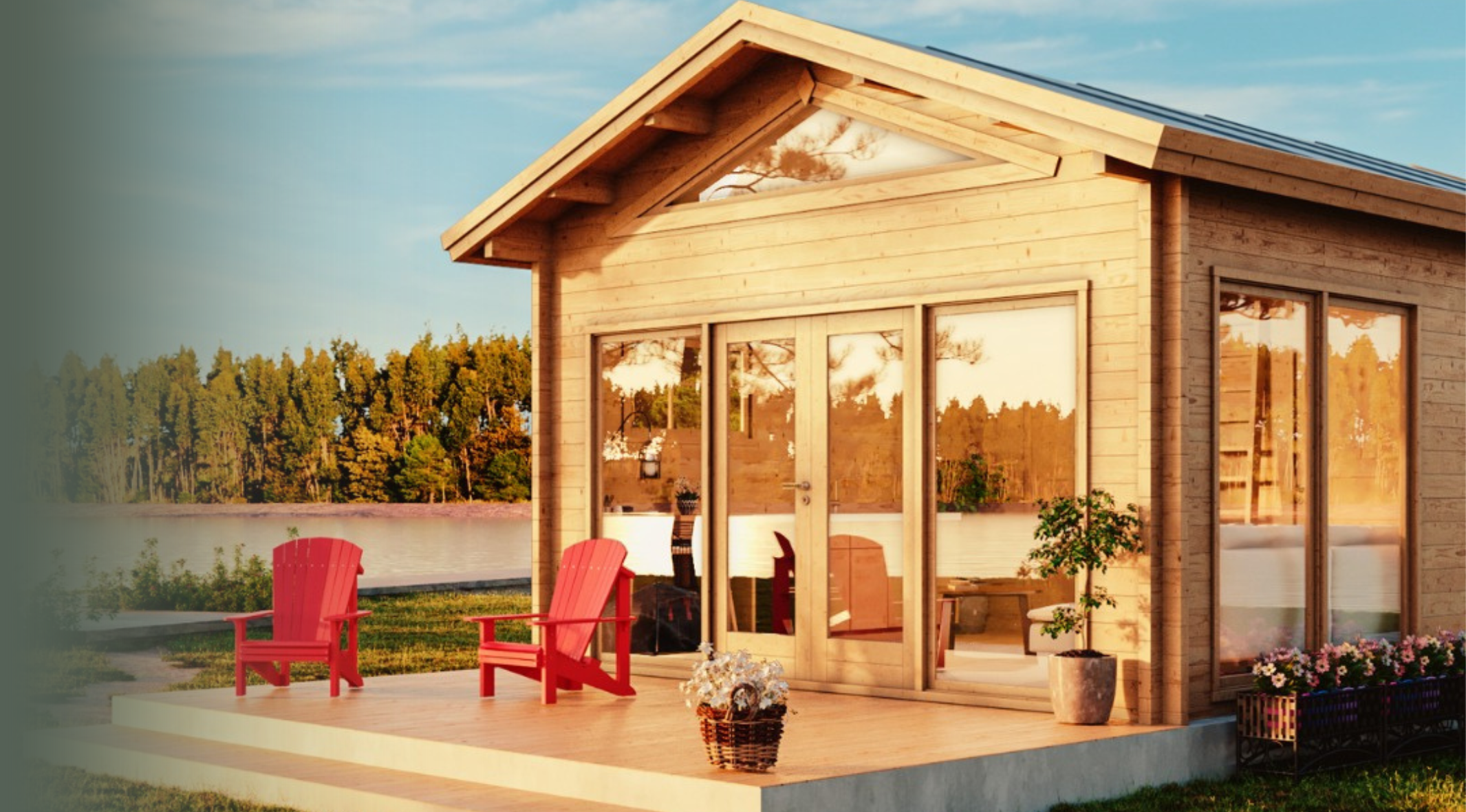 DIY cabin with glass doors and windows on a lake with a patio and two red chairs